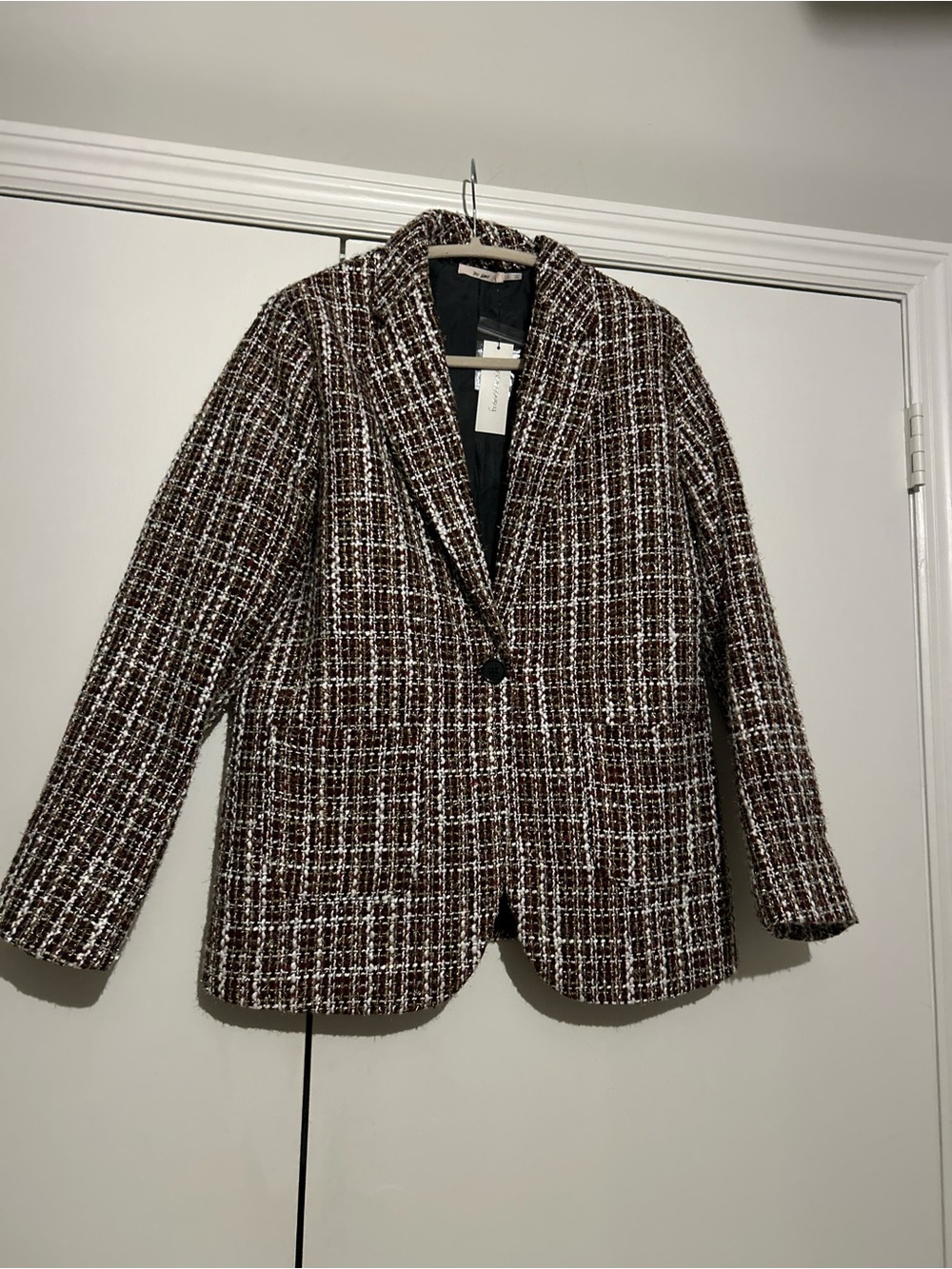 Tweed Plaid Single-Button Blazer Jacket Red/Gold/White
